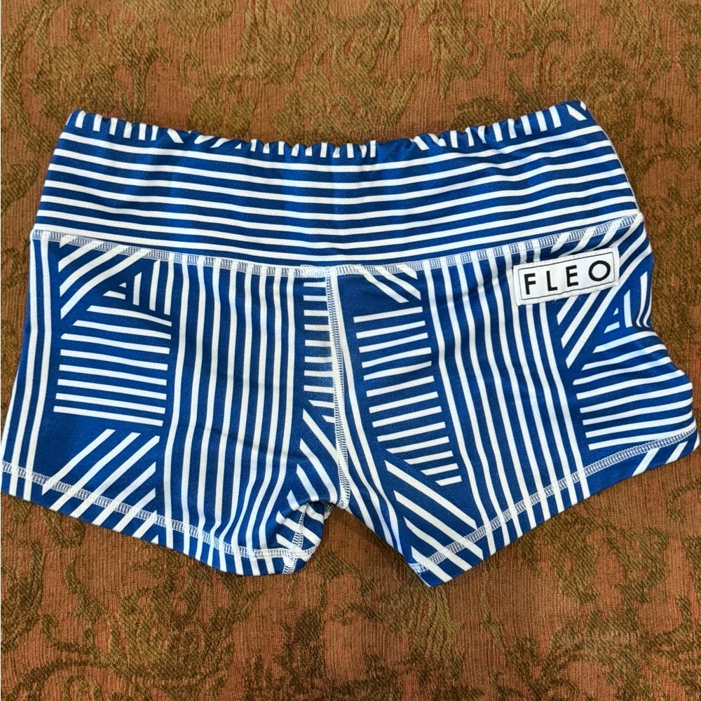 white and blue Fleo workout shorts. Size small.